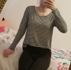 Striped long sleeve with lace hem